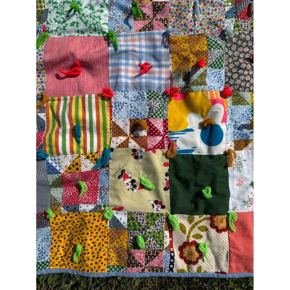 Vintage Handmade Disney Patchwork Quilt Mickey Minnie Mouse Hand Tied Scrap 70s